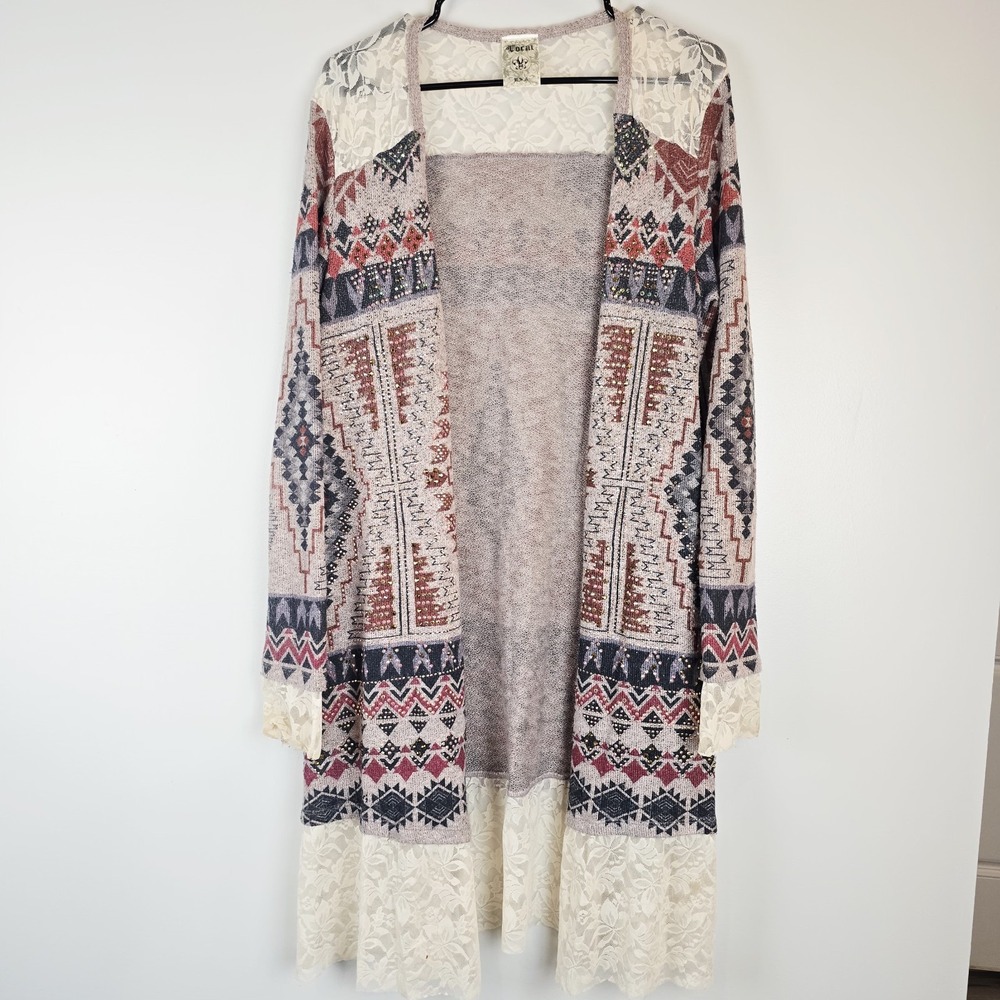Vocal  Lace Embellished Long Open Cardigan‎ Medium Taupe Aztec Boho.E55